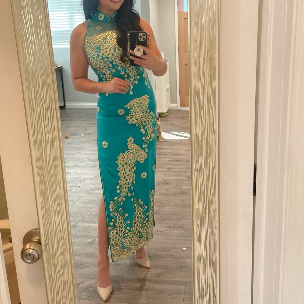 Elegant Teal and Gold Embroidered Dress (QiPao/HanFu)